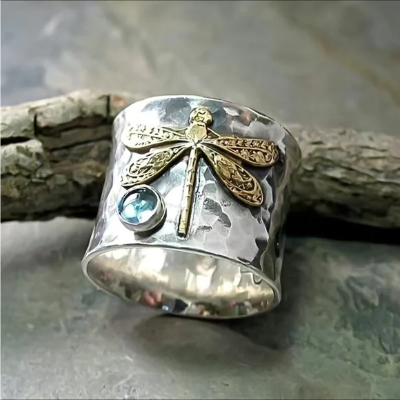 Dragonfly Ring Thumb Ring Silver Tone Hammered Look Unisex - Picture 5 of 13